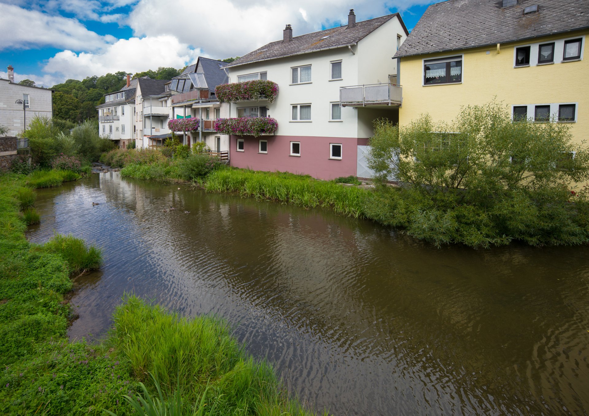 Blick auf den Simmerbach mit Häuserfront im Hintergrund