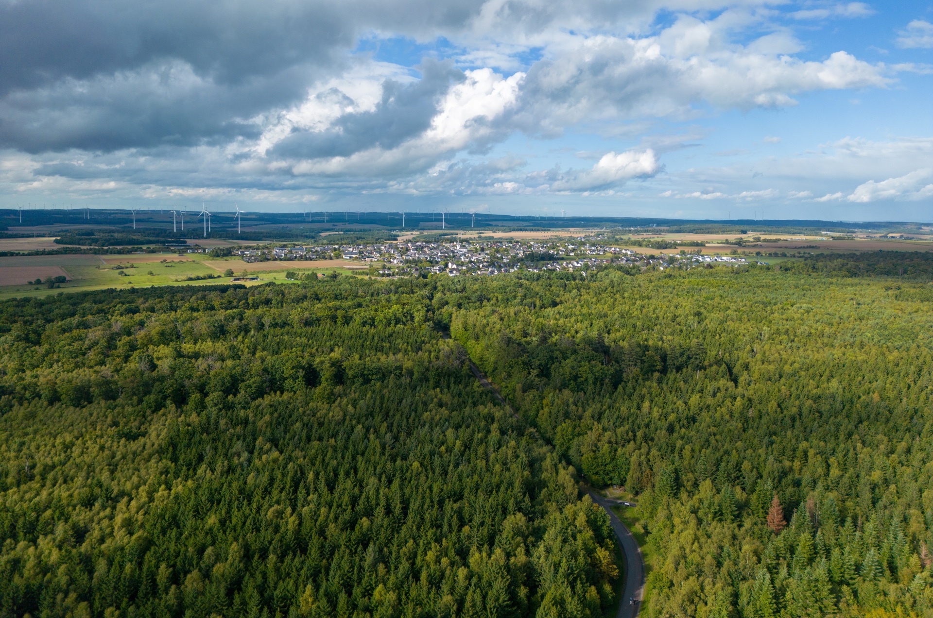 Drohnenaufnahme vom Wald im Vordergrund  und der Ortsgemeinde Ellern weiter hinten