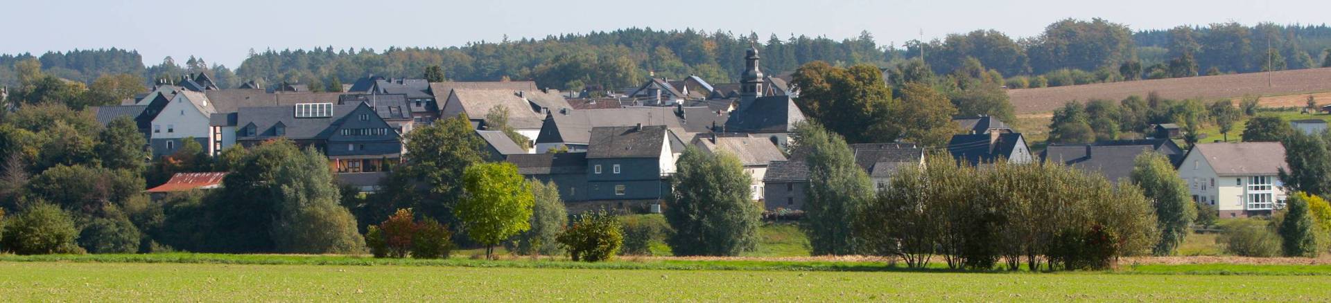 Blick auf die Häuser von Bubach, in der Ortsmitte ist der Kirchturm bei schönem Wetter