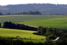 Landschaftsfoto mit Wiesen, Feldern und Wald in der Verbandsgemeinde Simmern-Rheinböllen im Hunsrück.