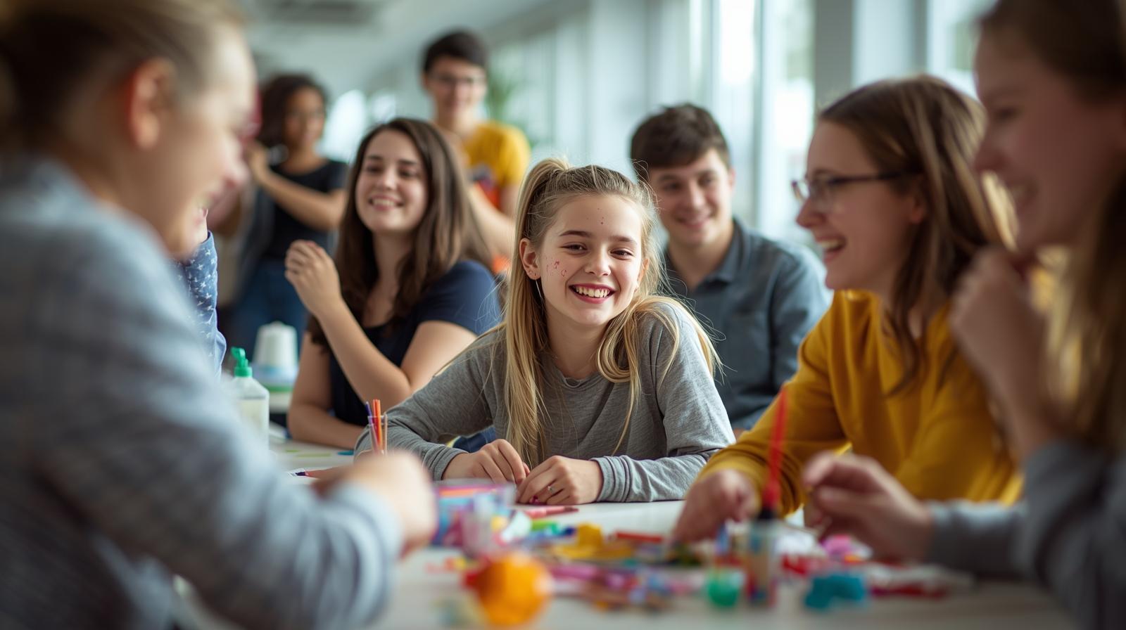Auf dem Bild sind Jugendliche zu sehen, die gemeinsam am Tisch sitzen. Vor Ihnen ausgebreitet sind verschiedene Mal- und Bastelutensilien. Es wird gelacht, sich unterhalten und gemalt.