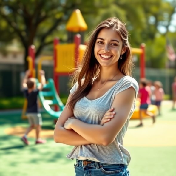 ein KI generiertes Bild einer Frau auf einem Spielplatz