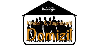 Logo vom Kinder- und Jugenddomizil Rheinböllen mit Schriftzug und einer Haussilhouette mit Personen drin.