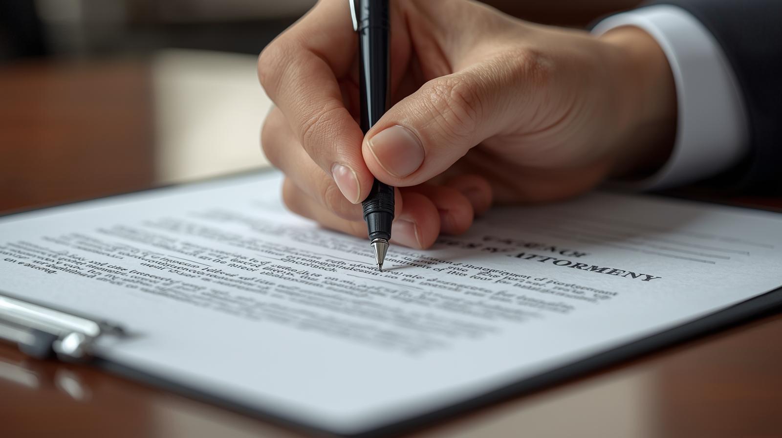 Vollmacht wird auf einem Tisch unterschrieben