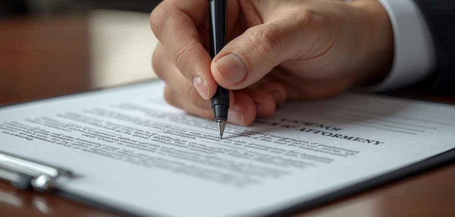 Vollmacht wird auf einem Tisch unterschrieben