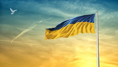 Ukraine-Fahne am blauen Himmel mit Friedenstaube (©pixabay)