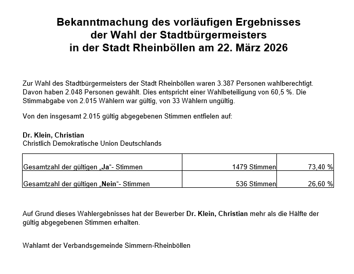 Bekanntmachung des vorläufigen Ergebnisses der Wahl der Stadt Rheinböllen