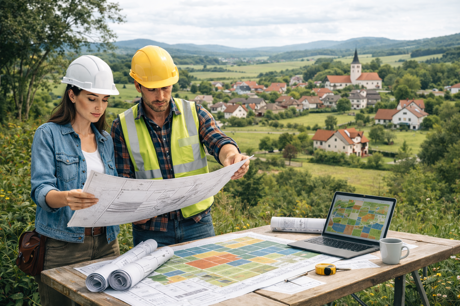 2 Personen unterhalten sich über eine Bauleitplanung. Im Hintergrund sieht man ein Dorf.