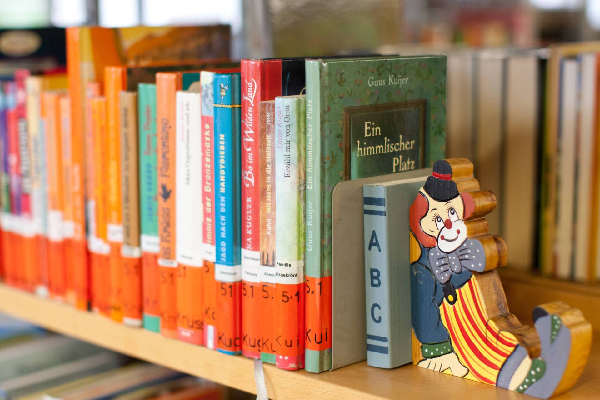 Bücher der Bücherei stehen in einer Reihe in einem Regal