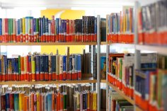 Bücher der Bücherei stehen in einer Reihe in einem Regal