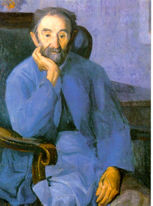 Porträt von Friedrich Karl Ströher mit blauer Kleidung und blauem Hintergrund