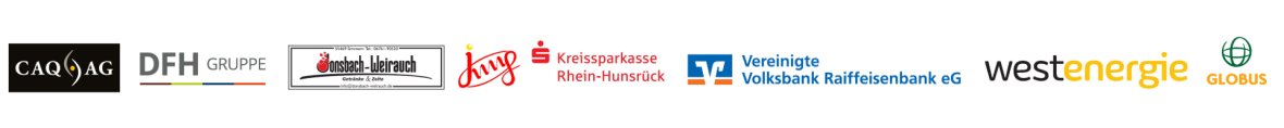Sponsoren Banner der Veranstaltungen in der Verbandsgemeinde Simmern-Rheinböllen mit den Logos der Firmen CAQ AG, DFH Gruppe, Donsbach-Weirauch, Bäckerei Jung, Kreissparkasse Rhein-Hunsrück, Vereinigte Volksbank Raiffeisen eG, Westenergie und Globus