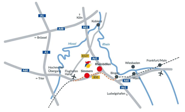 Standortkarte der Verbandsgemeinde Simmern-Rheinböllen im Rhein-Hunsrück-Kreis mit Verkehrsanbindung über B50, A61, umliegenden Städten und den Flughäfen Frankfurt am Main und Hahn.