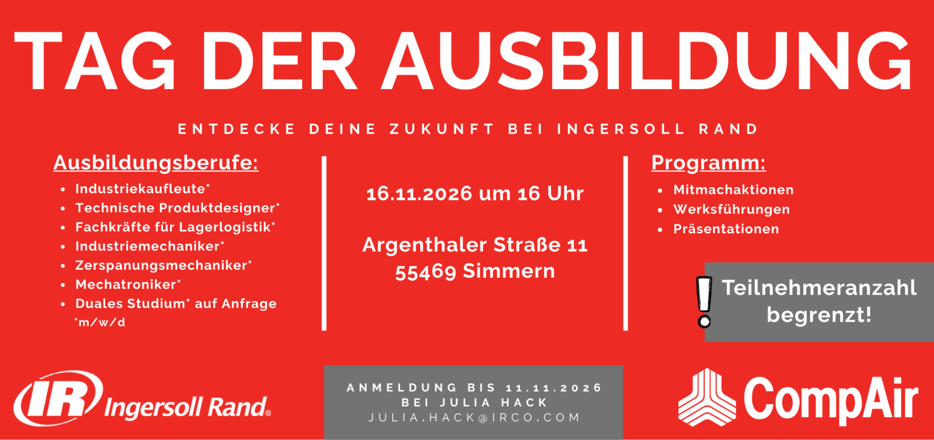 Tag der Ausbildung bei Ingersoll Rand Tag der Ausbildung bei Ingersoll Rand, Informationen zur Veranstaltung und den Ausbildungsberufen.