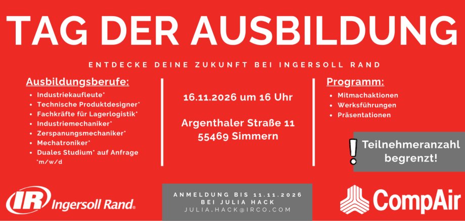 Tag der Ausbildung bei Ingersoll Rand Tag der Ausbildung bei Ingersoll Rand, Informationen zur Veranstaltung und den Ausbildungsberufen.